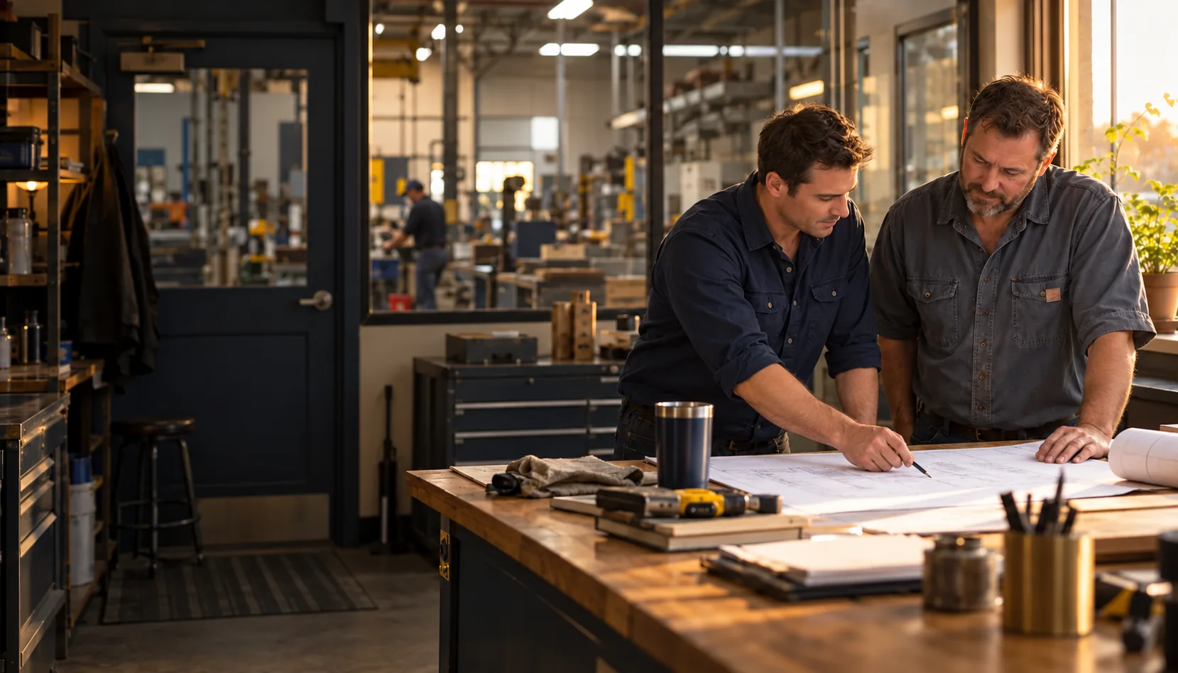 Two male business operators reviewing plans and paperwork in a service workshop office