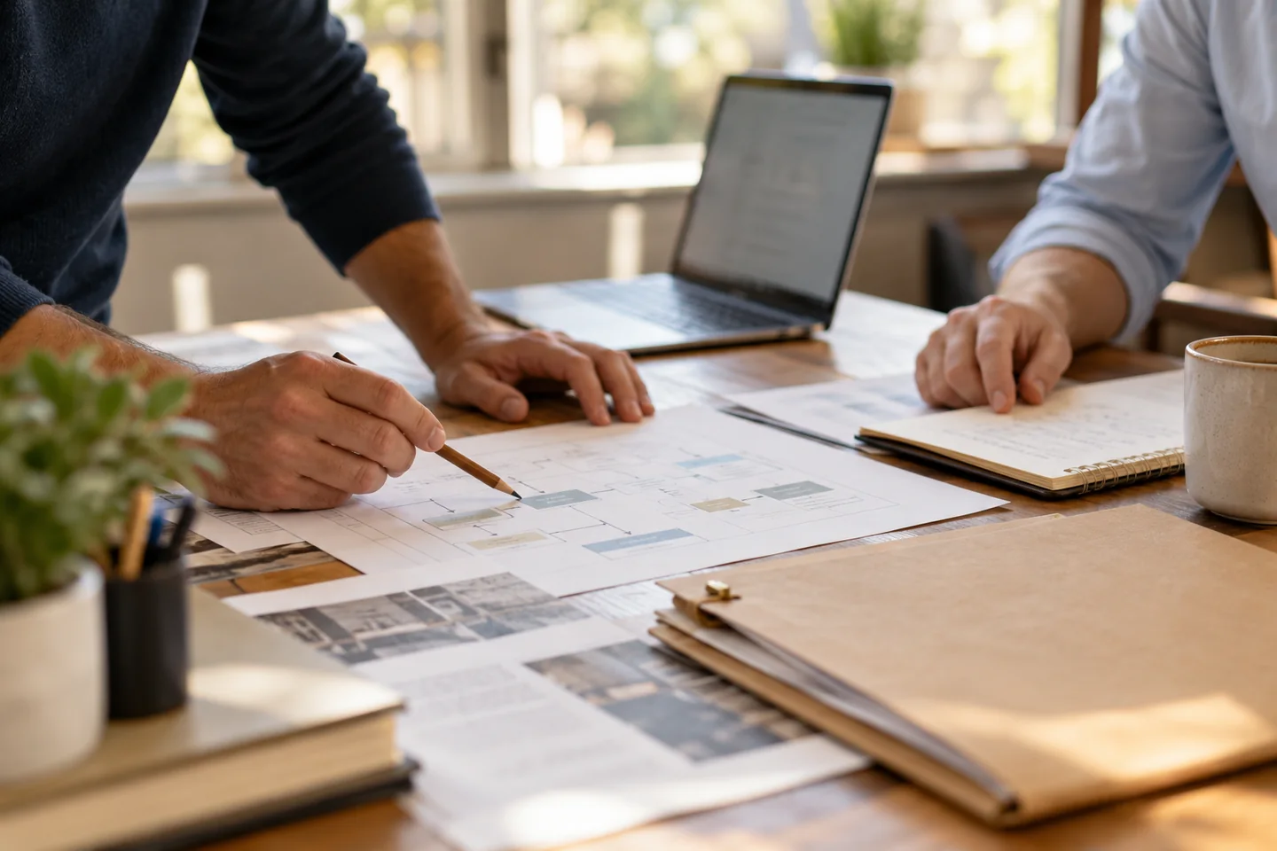 Hands working through a job plan, notes, and business paperwork at a desk